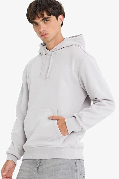 DeFacto Hooded Soft Fleece Inside Kangaroo Pocket Light Gray Men's Sweatshirt X8283Az/Gr184