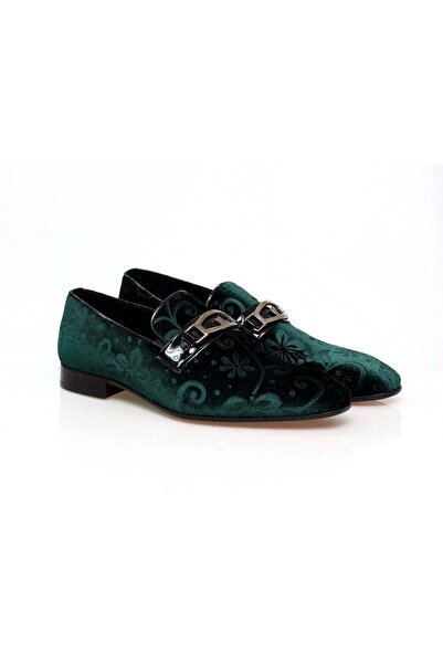 FRANCO CALVANI Green Color Laceless Genuine Leather Velvet Flower Printed Men's Shoes