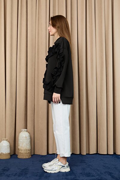 Loreen Women's Heart-Shaped Ruffled Oversized Tunic - 20715Tun - Black-Black