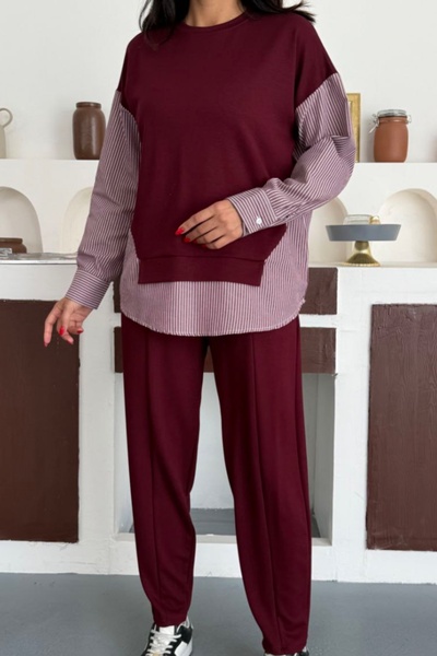 Ded COLLECTION Women's Striped Long Sleeve Shirt Detailed Round Neck Sweatshirt Modal Set