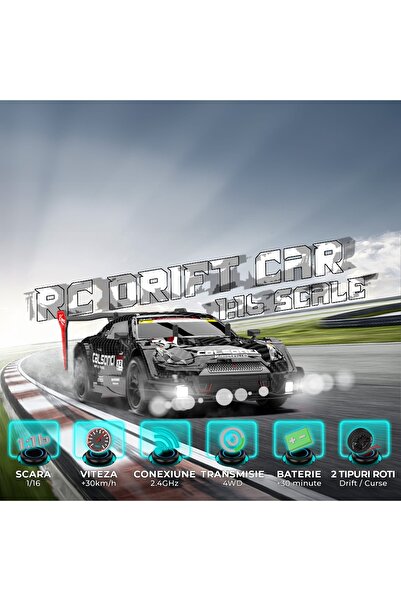 Timebox 1:16 RC Drift Car, 4x4, 30km/h, LED, Interchangeable Tires, 2 Batteries, Black