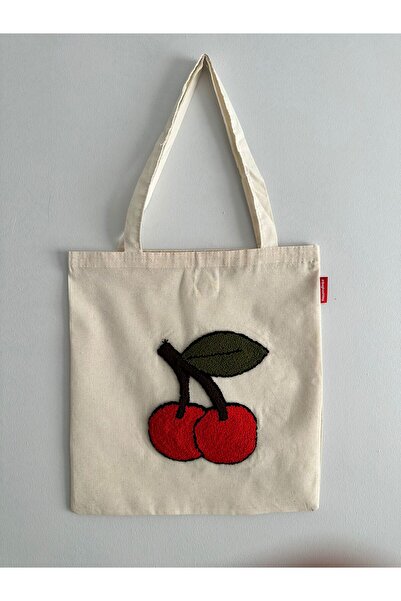 YümanınYumağı Kiraz Desenli Punch Örgü Bez Çanta 35-40cm