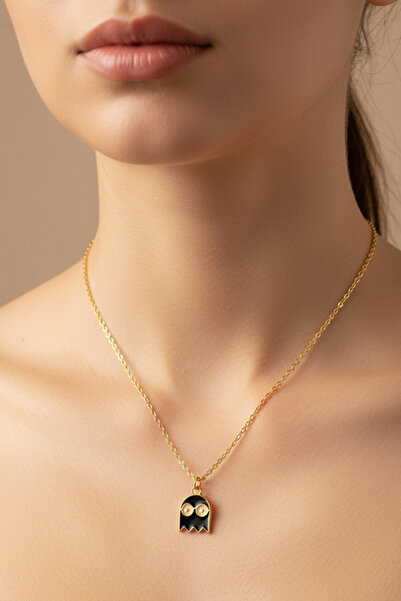 PİNKMARK Women's Gold Black Mineral Pacman 55cm Length Jewelry Necklace Pmkly...