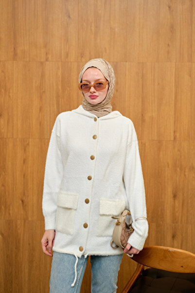 LOCCO Γυναικεία πλεκτά με κουκούλα Ζακέτα Λευκή