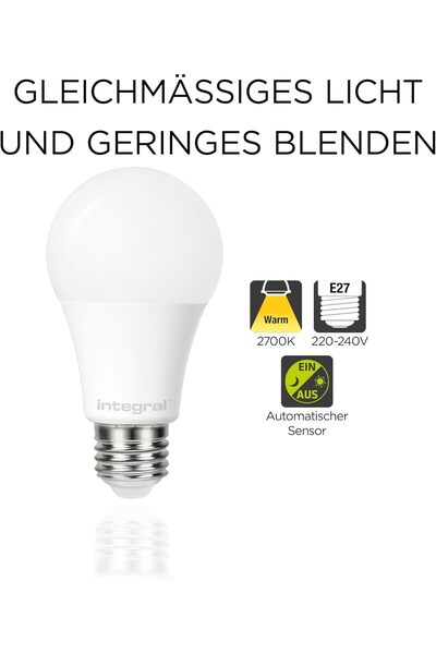 İntegral LED E27 Dusk-to-Dawn Non-Dimmable Dual-Sensor Bulb, Warm White 2700K, 470 lm, 4.8W (40W eq.