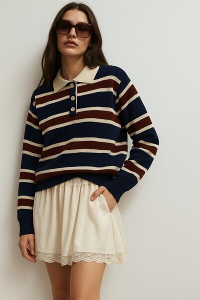 EnModaStyle Polo Neck Striped Oversized Knitwear Sweater