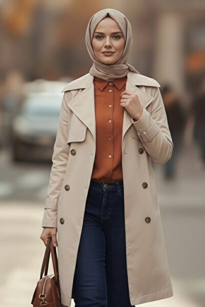 Zeneva Collection Taş Renk %100 Pamuk Gabardin Midi (95 cm) Astarlı Kemerli Kadın Tesettür Trençkot