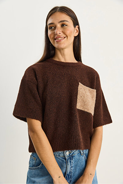 Bianco Lucci Women's Color Block Pocket Short Sleeve Knitwear Sweater 2551 60283758