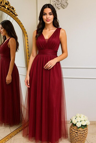 KADİR KORKMAZ GİYİM Tüllü Astarlı Yırtmaçsız Abiye Elbise