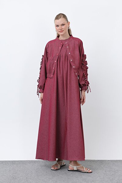 Loreen Women's Flared Sleeves Detailed Jacket Dress Set -20654Tks - Burgundy