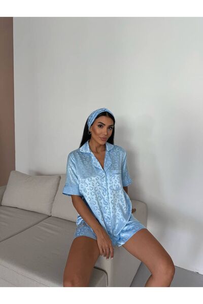 FOX CONCEPT İPEK SATEN JAKARLI MAVİ ŞORTLU PİJAMA TAKIMI + TOKA HEDİYELİ