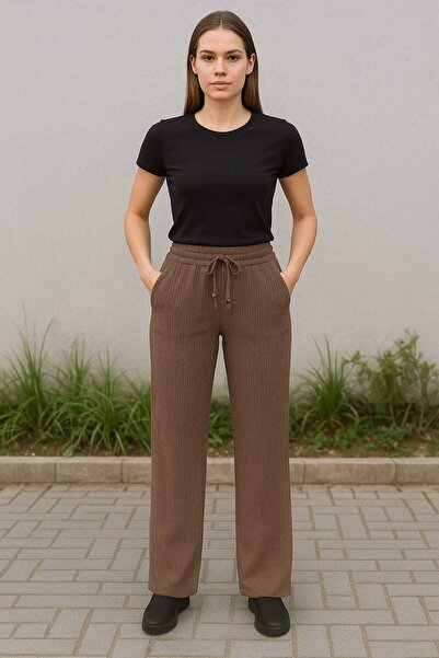 ECK MODA Women's Panama Fabric Flexible Stretch Fabric Elastic Waist Double Pocket Palazzo Pants