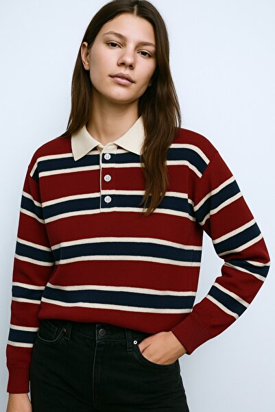 HAKKE Polo Yaka Çizgili Oversize Triko KAZAK