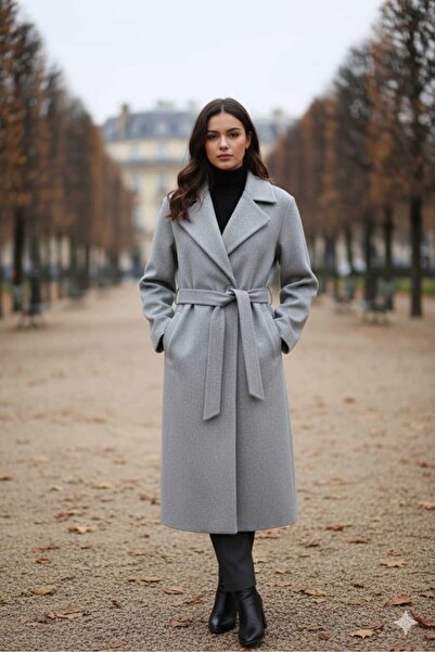 güncüoğlu Light Gray Buttoned Waist with Belt Kru Double-Breasted Shaped Coat