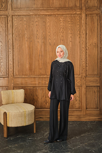 LOCCO Women's Stone Detail Two-Piece Set Navy Blue