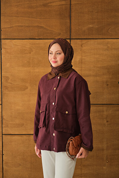 LOCCO Γυναικείο μπουφάν με βελούδινη λεπτομέρεια στο λαιμό και τα καρπά μπορντό