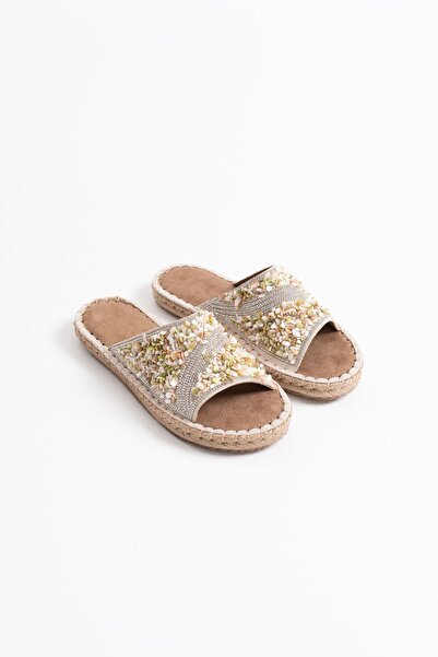 TRENDELLA Dennis Women's Beige Stone Embroidered Slippers