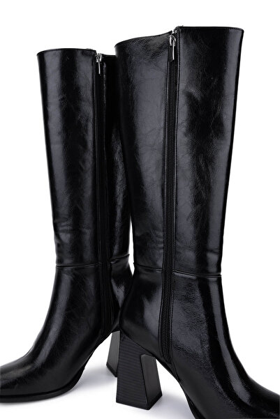 Tamer Tanca Kadın Suni Deri Siyah Deri Topuklu Çizme