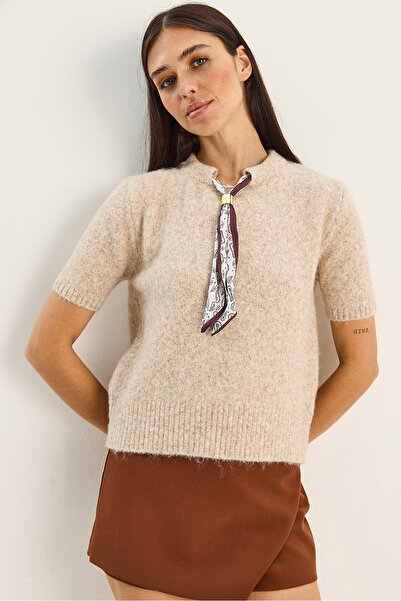 Bianco Lucci Pulover tricotat cu mânecă scurtă pentru femei guler rotund cu detaliu eșarfă 2536 60283756
