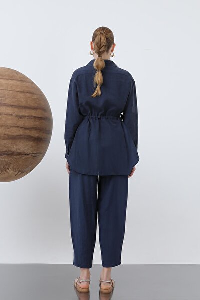 Loreen Women's Gathered Waist Hidden Placket Pants Suit - 20610Tks - Navy