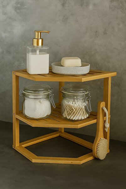 decorev Γωνιακό ράφι πολλαπλών χρήσεων από φυσικό μπαμπού 2 επιπέδων – Μπάνιο, κουζίνα και διακοσμητικός οργανωτής BR-6713