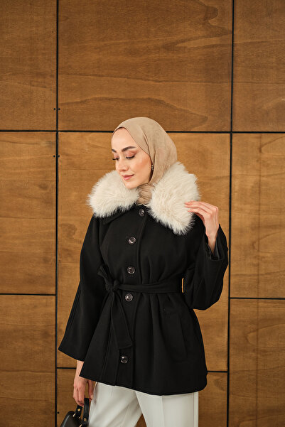 LOCCO Women's Collar Fur Detail Waist Tie Jacket Black