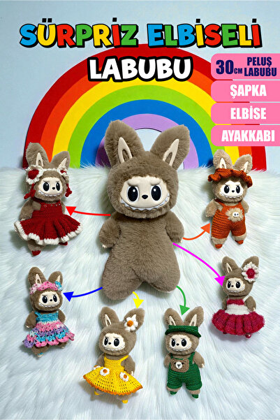 GiginGo Sürpriz Elbiseli Peluş Labubu - 30 CM Yumuşacık Labubu ve Şapka - Elb...