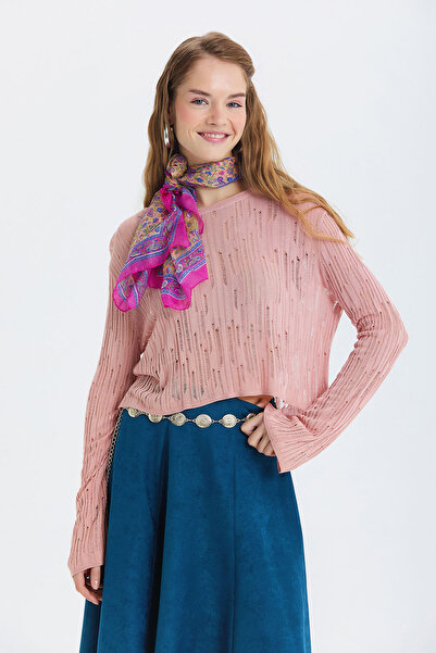 Clandestino Hollow Out Crew Neck Blouse Pink