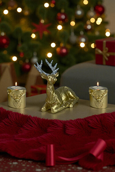 ay hediyelik Yılbaşı Geyik Mumluk Seti - Dekoratif Polyester 17x16 cm