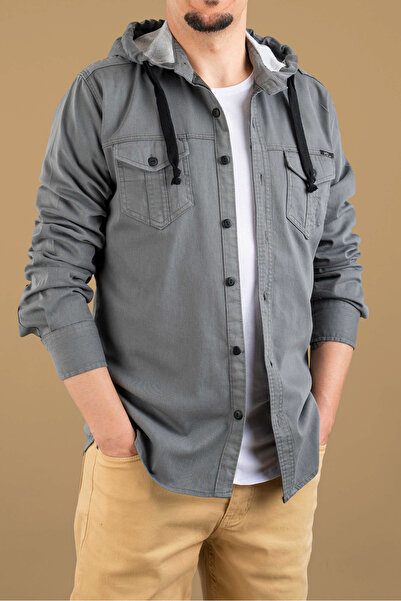 bombe Men's Slim Fit Hooded Denim Shirt Gray