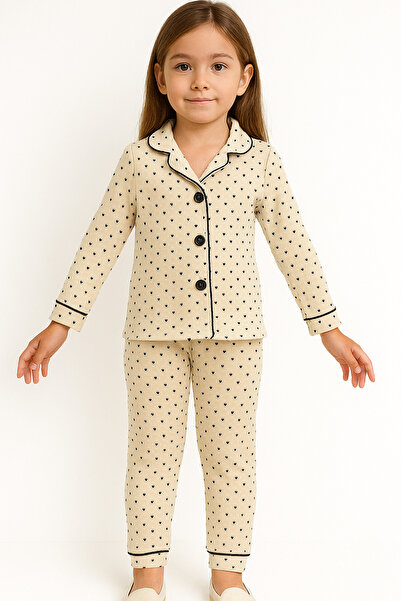 Bubito Polka Dot Patterned Baby Girl Children's Top and Bottom 2-Piece Pajama Set-Beige