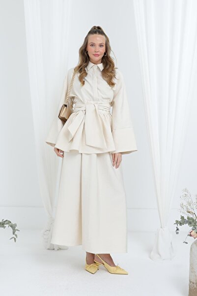 Loreen Women's Luna Belted Minimal Skirt Set -20682Tks - Stone