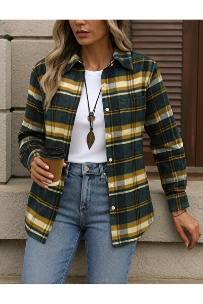 Pazarcan Cămașă țesută cu mânecă lungă pentru femei, cu model pătrat, cu nasturi în față