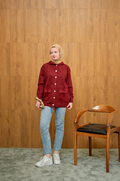 LOCCO Women's Hooded Knitwear Cardigan Claret Red