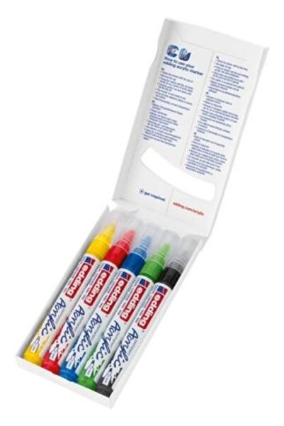 Edding 5100 Acrylic Markers - Black Red Blue Yellow Yellow-Green - Acrylic Ma...