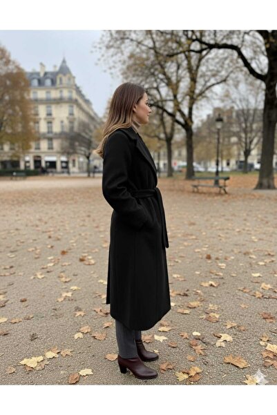 güncüoğlu Buttoned Knee-Length Tay Fur Fabric Waist Belted Coat