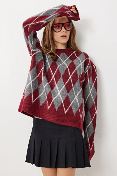 Lovelyİstanbul Baklava Patterned Oversized Knitwear Sweater Lfn0129 Bordo Gray