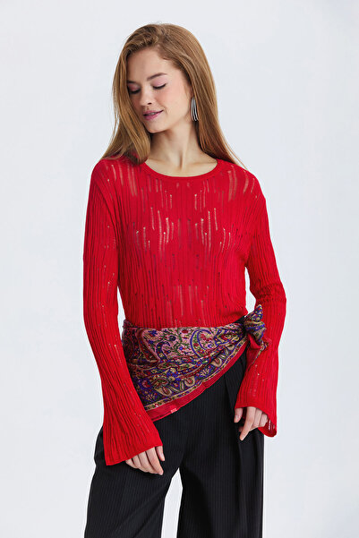 Clandestino Perforated Crew Neck Blouse Red