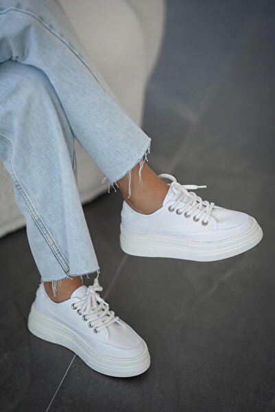 Parponi Lefkoşa women's white linen thick sole sports shoes