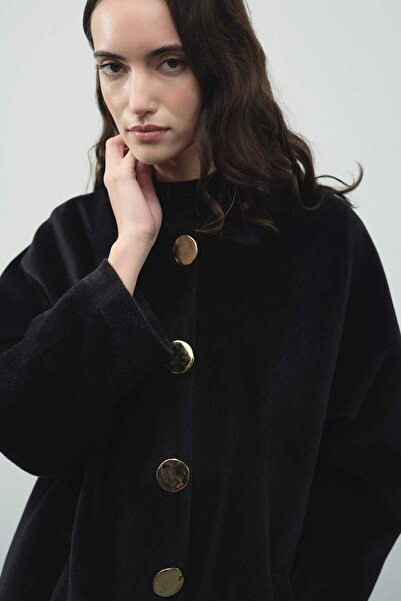 Hooopstore Milena Gold Buttoned Black Jacket Coat