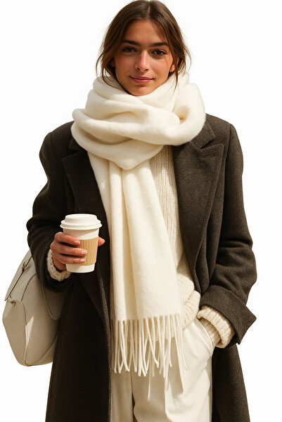 CapZone Women's Soft Tassel Scarf | Thick Winter Soft Shawl Ecru