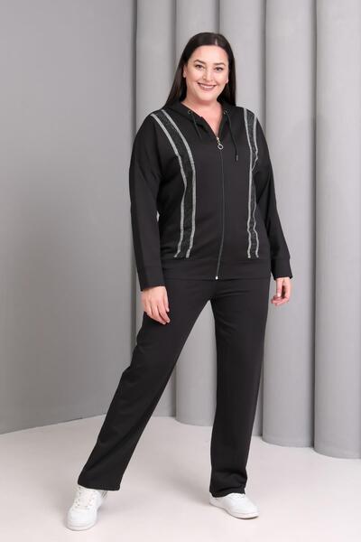 Ebsumu Women's Plus Size Vertical Stone Detailed Tracksuit Set