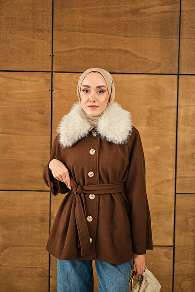 LOCCO Γυναικείο μπουφάν με λεπτομέρεια από γούνα με λουράκι στη μέση καφέ