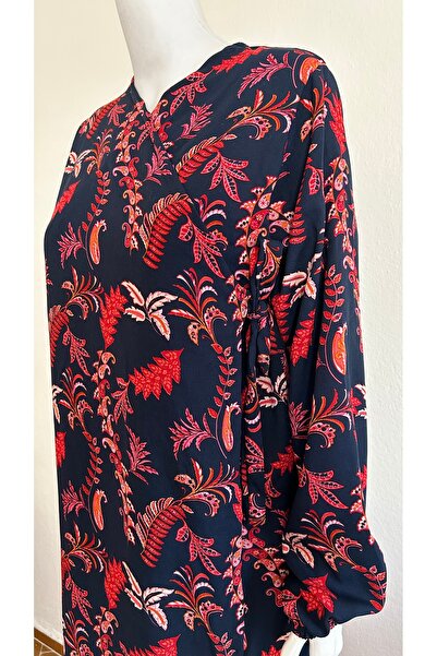 GİZGİYİM Dark Navy Leaf Patterned Viscose Side Tie Prayer Dress Plus Size