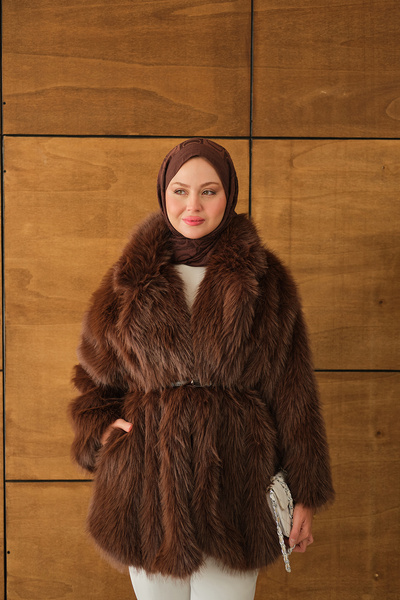 LOCCO Γυναικείο παλτό με λεπτομέρεια από γούνα καφέ