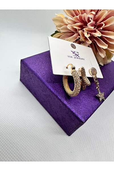 YSX JEWELRY Zircon Stone Star Ring 3-Piece Steel Earrings