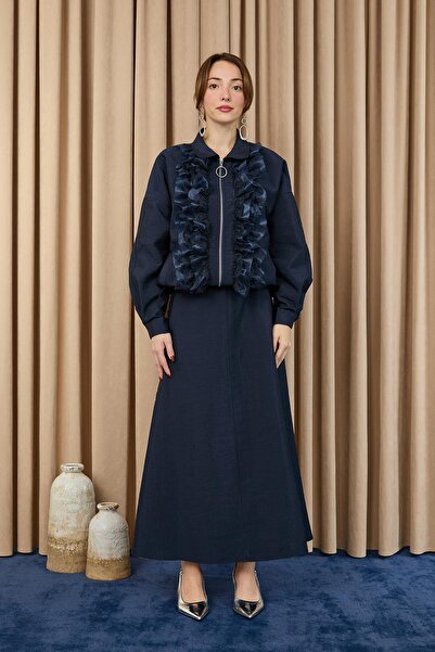 Loreen Γυναικείο Σετ Μπουφάν με Φερμουάρ με Λεπτομέρειες από Βολάν και Δαντέλα - 20707TKM - NAVY