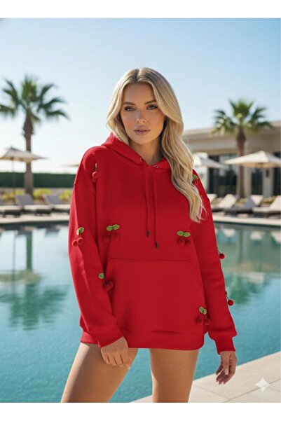 RPT MODA Thick Fabric Sweatshirt with Cherry Accessories and K Hooded Kangaroo Pocket