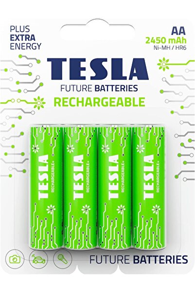 TESLA BATTERY Tesla Rechargeable 2450 mAh Şarj Edilebilir AA Kalem Pil 4’lü | Ni-MH, Uzun Ömürlü, Ekonomik Paket