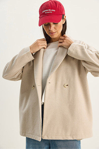 Bianco Lucci Women's Double-Breasted Lapel Pocket Detailed Cashmere Blazer Jacket 60283757